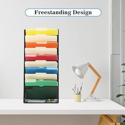 EASEPRES Desk File Organizer Mesh 11-Tier, Hanging Wall Mount Document Organization Stand, Desktop Vertical Mail Paper Folder Holder Rack with Bottom Tray for Office Home Cubicle Countertop, Black