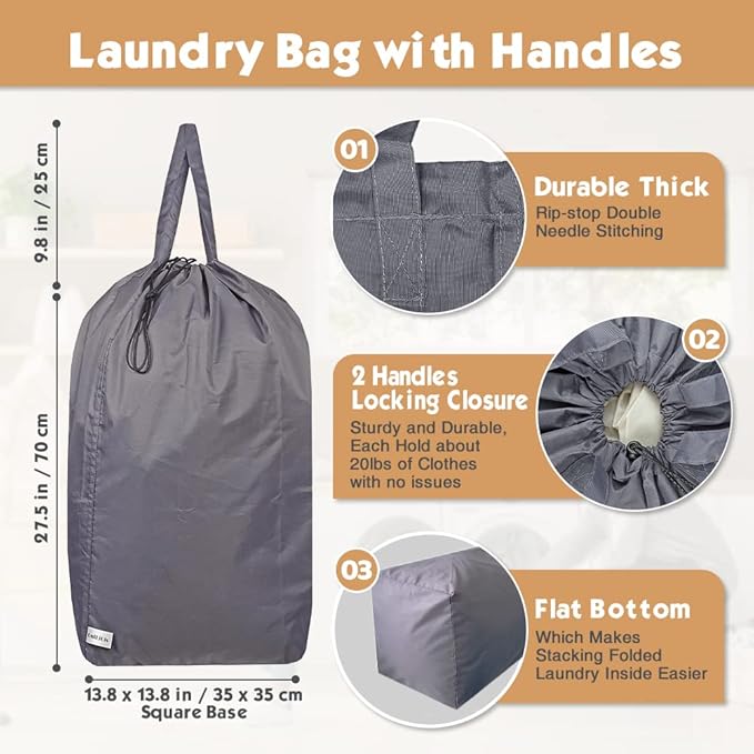 Tear Proof Nylon Laundry Bag with Handles,Hamper Liner with Drawstring Closure for Travel,Dirty Clothes Bag Fit Most Laundry Hamper and Sorter,27.5x34.5 inches Blue Aqua and Grey