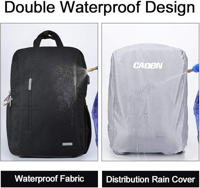 CADeN DSLR Camera Backpack Bag Waterproof Anti Theft with 15.6 inch Laptop Compartment, USB Charging Port, Tripod Holder, Rain Cover, Inner Case, Compatible for Sony Canon Nikon Olympus Black