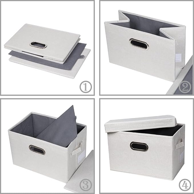 PRANDOM Large Collapsible Storage Containers with Lids [5-Pack] Fabric Foldable Storage Bins Boxes Organizer Baskets Cube with Cover for Home Bedroom Closet Office Beige(17.3x11.8x11.8)