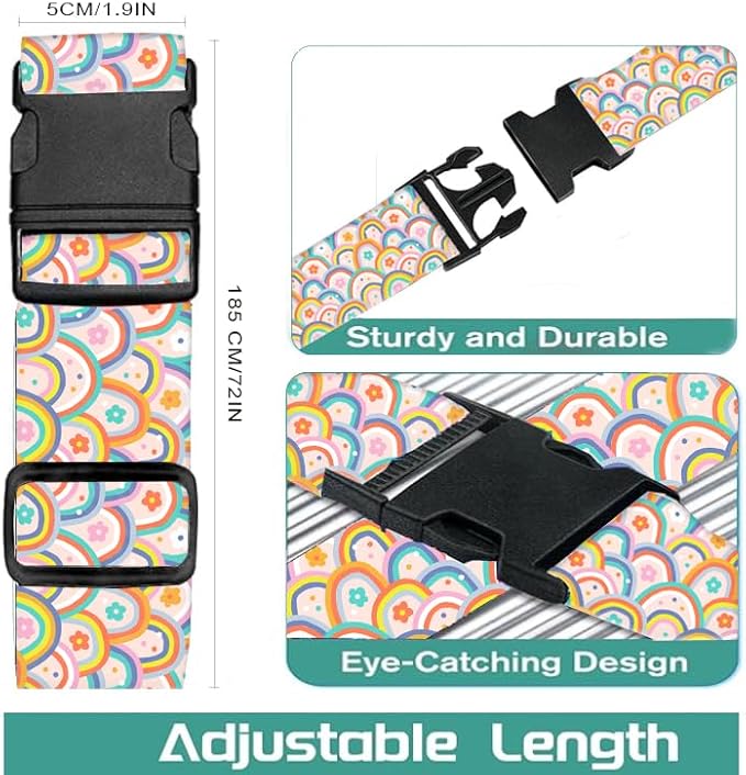 Luggage Straps for Suitcases Travel Belt Accessories, Cute Suitcase Strap, Adjustable Luggage Belt Strap, Heavy Duty with Quick-Release Buckle Luggage Strap Cute Colorful Rainbow