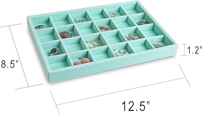 Frebeauty Stackable Velvet Jewelry Organizer Trays for Drawers Inserts Jewelry Storage Tray Display Case, Stud Earrings Bracelets Necklace Rings Accessories Trays for Women(Set of 4)(Turquoise)