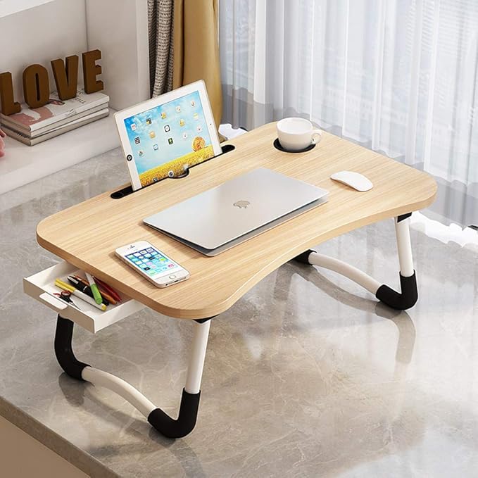 Lap Desk with Storage Drawer, Holders for Cup and Tablet, Laptop Bed Tray Table with Foldable Legs, Laptop Bed Stand, Portable Standing Table for Sofa Couch Floor (23", Walnut)