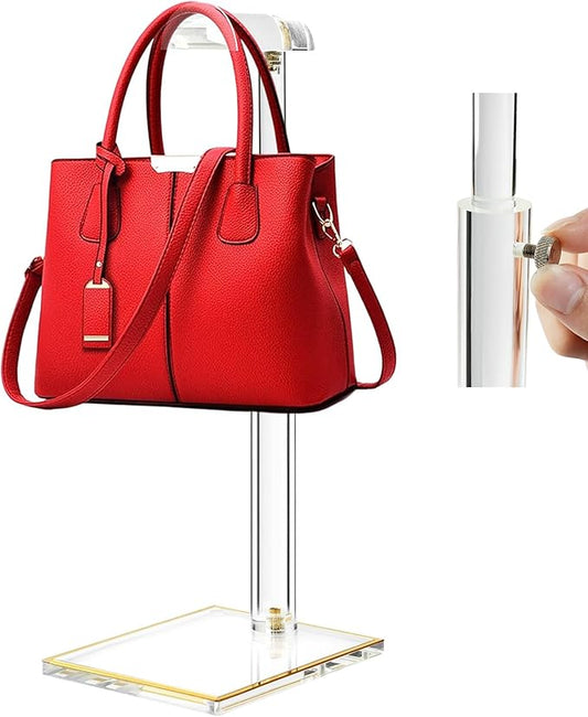 Acrylic Purse Display Stands, 14"-24" Adjustable Height Handbag Holder, Clear Purse Rack Stands for Closet Retail, Durable Gold Trim Hanging Bag Wallet Jewelry Necklace Organizer Stand(PATENT PENDING)