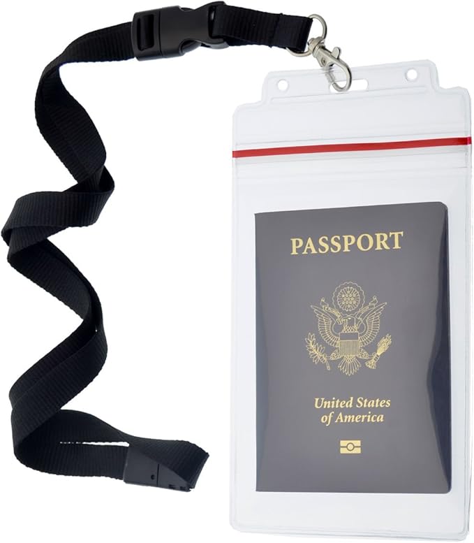 5 Pack - Passport & Vaccination Card Holder - Heavy Duty Waterproof Tear Resistant Sleeve with Zip Top & Premium Breakaway Lanyard - 4X6 Insert for Cruise, Travel, & Beach Vacation Documents
