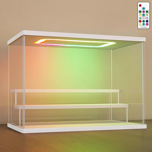 NONEMEY Clear Acrylic Display Case with Light ,3 Tier Multiple Color Lights via Remote Control Dustproof Display Box for Collectibles Figures Mini Toys (White 3Tier 12.4*7*9inch)