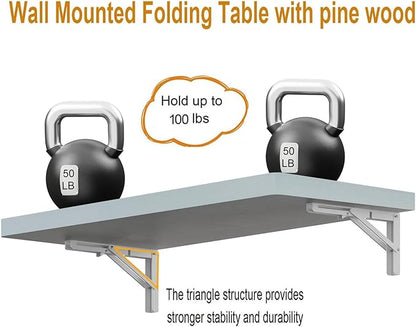 IAE Wall Mounted Folding Table with Pine Wood,36" x 14" Floating Wall Desk,Laundry Folding Table with Shelf Brackets,Fold Down Desk Shelf,Folding Workbench for Home,Dining,Laundry Room,Kitchen,White