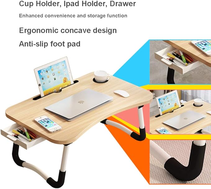 Lap Desk with Storage Drawer, Holders for Cup and Tablet, Laptop Bed Tray Table with Foldable Legs, Laptop Bed Stand, Portable Standing Table for Sofa Couch Floor (23", Walnut)