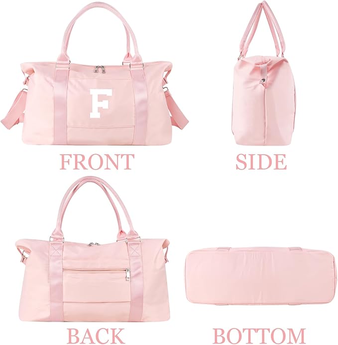 Initial Travel Duffel Bag Sports Gym Bag for Girls Teen Birthday Gifts,Pink Personalized Weekender Bag Carry On Tote Bags for Women Men,Waterproof Overnight Luggage Bag with Trolley Sleeve(Letter F)