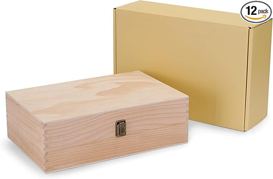 makerflo XL Natural Pine Wood Memory Box with Black Felt Inside, Hinged with Clasp, Keepsake Wooden Box Ideal for Craft and Personalization (Laser Engraving, Epoxy, UV DTF, and Vinyl) – Pack of 12