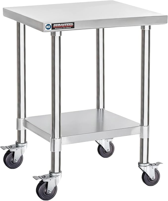 DuraSteel 24x24 NSF Stainless Steel Cart Work Table - Heavy Duty Rolling Food Prep Table - Metal Utility Cart on Wheels Caster, Grill Stand Microwave Outdoor Kitchen Tables Countertop Island Large Top