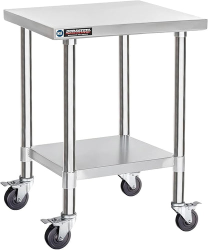 DuraSteel 24x24 NSF Stainless Steel Cart Work Table - Heavy Duty Rolling Food Prep Table - Metal Utility Cart on Wheels Caster, Grill Stand Microwave Outdoor Kitchen Tables Countertop Island Large Top
