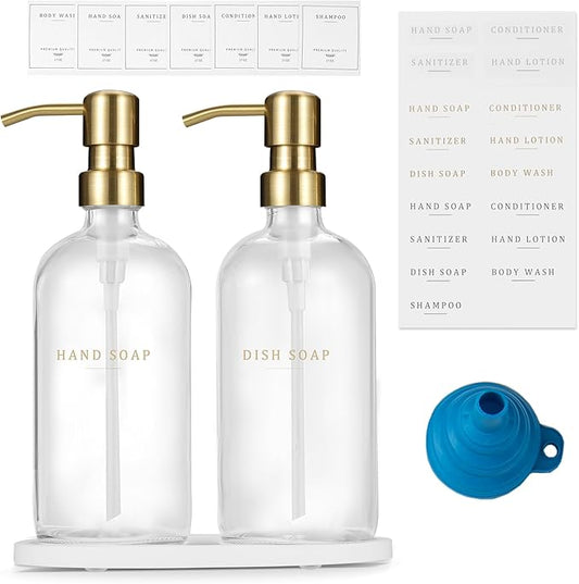 Glass Soap Dispenser - Dish Hand Soap Dispenser Set for Kitchen, Bathroom Soap Lotion Dispenser with 304 Rust Proof Pump, Tray, Clear Bottle/Gold Pump