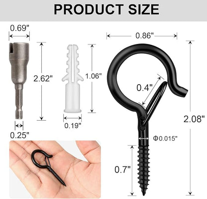 36 PCS Q-Hanger Hooks with Safety Buckle, Windproof Screw Hooks for Outdoor String Lights Hanging Christmas Lights, Plants, with 1 Wing Nut Driver