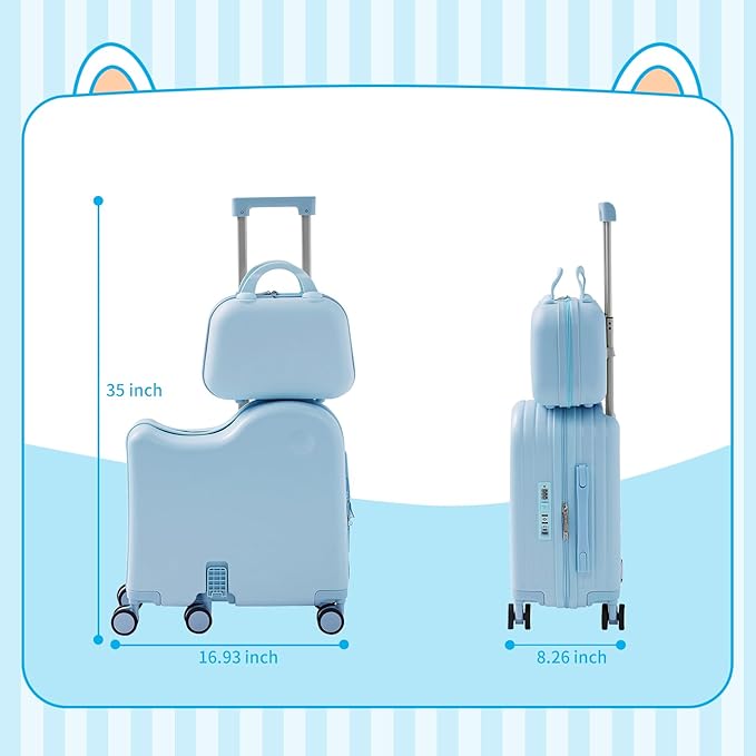 TABU Ride-on Luggage with Handbag for Kids，Hardshell Carry On Suitcase with Hidden Cup Holder, Foldable Pedal,Type-C & USB Interface, TSA Lock, 6-Spinner Wheels, Blue