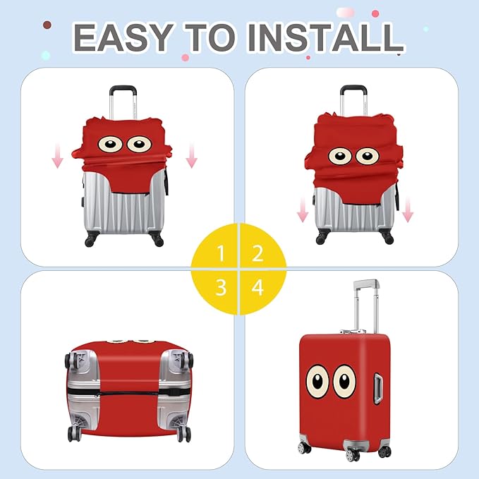 ANNA QUEEN Funny Cartoon Eyes Luggage Cover, Red Suitcase Protector with Cute Big Eyes Design, Travel Suitcase Cover for 32-34 Inch Luggage, Stretchable & Washable Spandex Travel Accessories