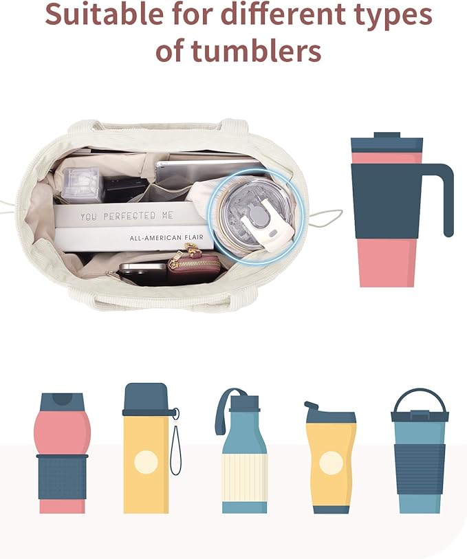 ECOHUB Tote Bag for Women, Work Tote Bags with Laptop Compartment, Large Corduroy Tote Bag with Stanley Cup Holder
