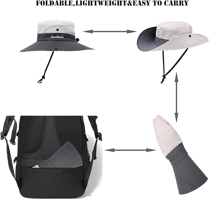Womens Summer Sun Hat Beach Hat Wide Brim Outdoor UV Protection Hat Foldable Cool Mesh Ponytail Bucket Hat