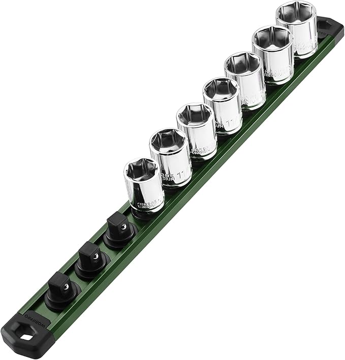 WORKPRO Magnetic Socket Organizer, 3/8-Inch Drive Aluminum Alloy Sockets Rail, Heavy Duty Sockets Holder, Socket Rack Kit 3/8-Inch x 10 Clips Green (Socket not Included)