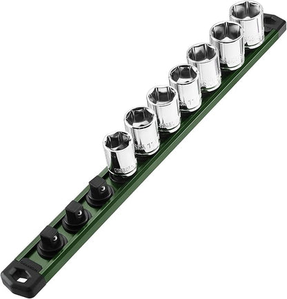 WORKPRO Magnetic Socket Organizer, 3/8-Inch Drive Aluminum Alloy Sockets Rail, Heavy Duty Sockets Holder, Socket Rack Kit 3/8-Inch x 10 Clips Green (Socket not Included)