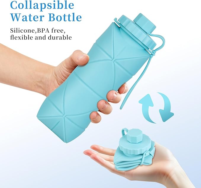 YCT Collapsible Silicone Travel Water Bottle 20oz (600ml), Reuseable Leakproof BPA Free Foldable Sports Bottle, with Carrying Strap, Dark Blue