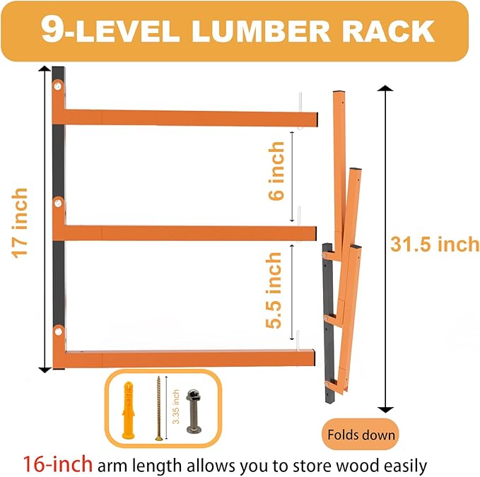 Lumber Rack Wall Mount, Heavy Duty Wood Storage Racks, 9-Level System Garage Shelving, 1080 Lbs Capacity Organizer Shelves, Folding Orange Brackets, 6 Pack Hanging Metal Shelf for Indoor and Outdoor