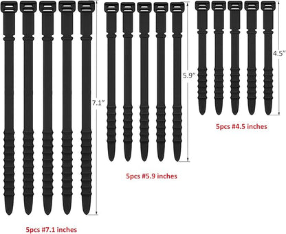 Silicone Zip Ties, Reusable Zip Ties, Rubber Cable Ties Straps for Wire Management, Elastic Silicone Ties Cable Organizer for Home Office, Cord Ties in Three Sizes 4.5" 5.9" and 7.1" (5+5+5 Pcs Black)