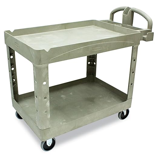Rubbermaid Commercial Products BRUTE Heavy Duty 2-Shelf Utility/Service Cart, Medium, Lipped Shelves, Ergonomic Handle, 500 lbs. Capacity, Beige, for Warehouse/Garage/Cleaning/Maintenance