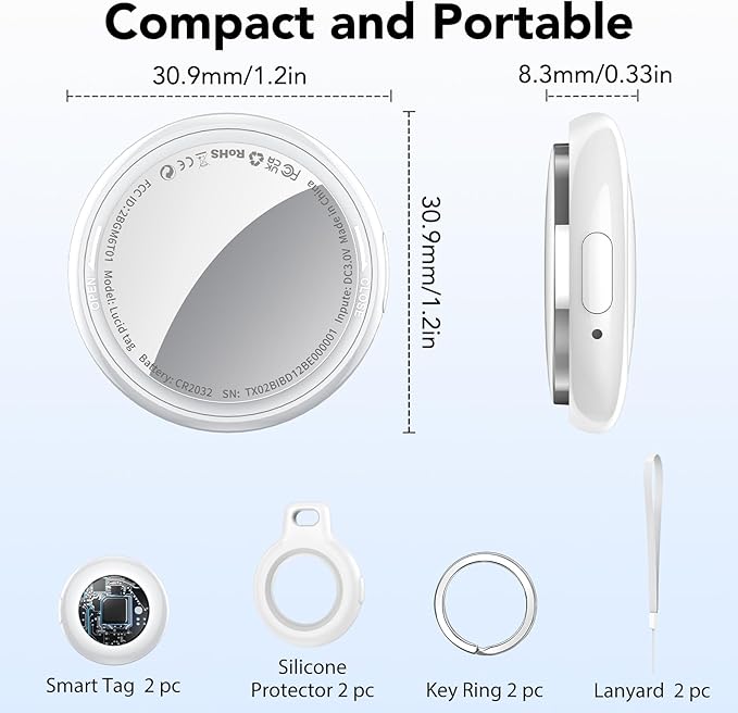 2025 New [Apple MFi Certified] (iOS Only) Air Tracker Tags-2 Pack, Bluetooth Tracker for Apple Find My, Replaceable Battery, Key Finder and Item Locator Smart Tag for Keys, Bags, Luggage, Pets, White