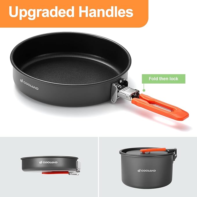 Odoland Camping Cookware Mess Kit, Camping Cooking Pot Fry Pan and 1.1L Kettle Set, Portable Camping Cookware Set with Mesh Bag for Camping, Backpacking, Outdoor Cooking and Picnic