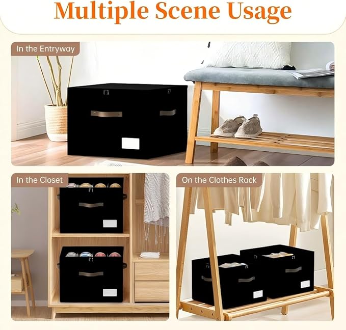 Shoe Organizer for Closet, Foldable Shoe Storage Containers, Fits up to 16 Pairs, Large Shoe Storage Organizer Box Cubby Baskets Bins with Clear Cover and Reinforced Handles, Black