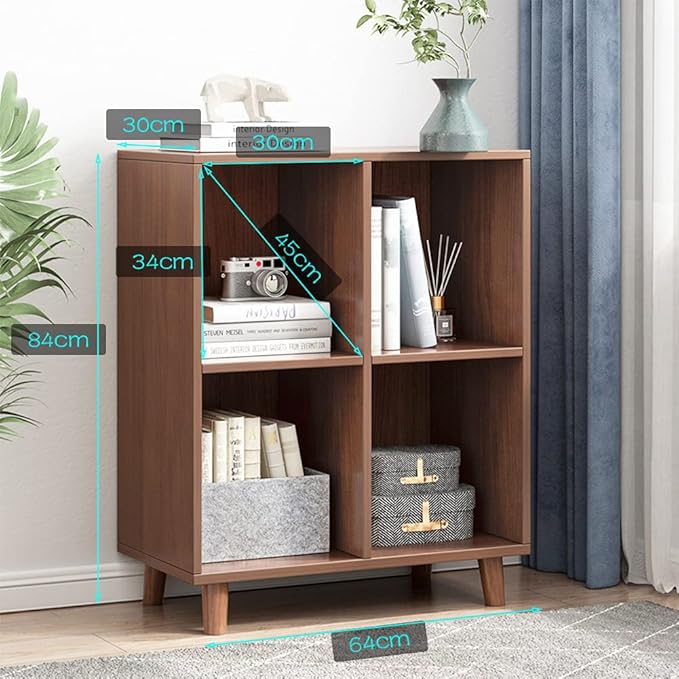IOTXY Freestanding Open Cubes Bookcase - 2-Tier Floor Standing Wooden Storage Display Cabinet Organizer with Legs for Home Office, 4-Cubes Open Shelf Low Short Bookshelf, Walnut