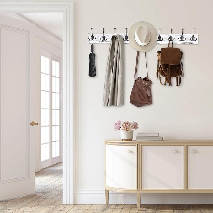IBosins 34'' Coat Rack Wall Mount with 10 Tri-Hooks, Heavy Duty, Vintage White Color Wood Coat Hanger, Rustic Coat Hooks Rail for Entryway Living Room Coat Scarf Bag Towel Hat