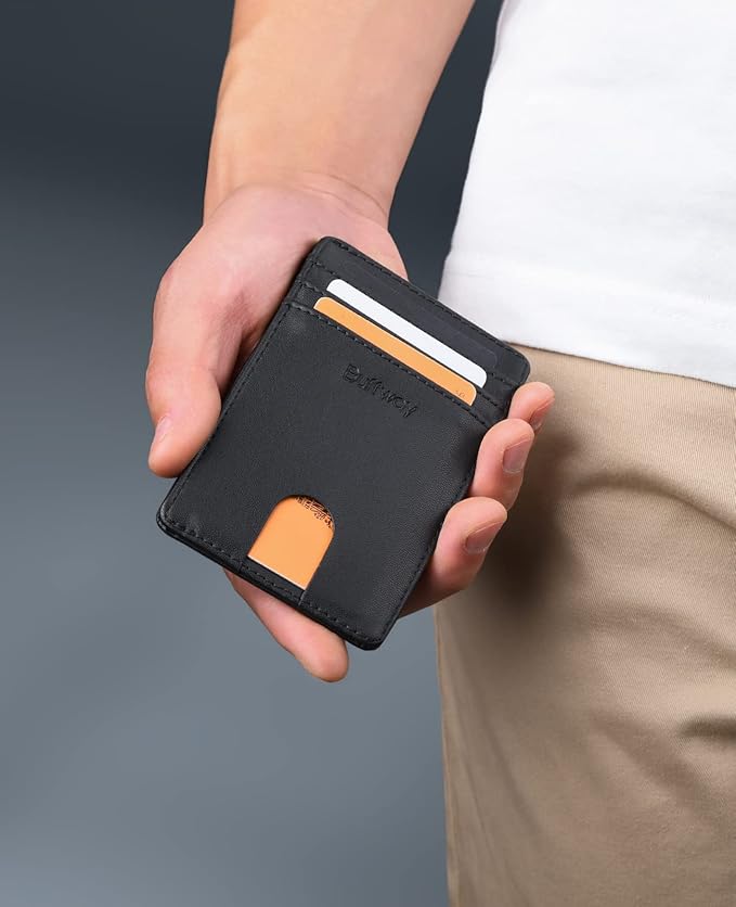 Buffway Mens Slim Wallet, Minimalist Thin Front Pocket Leather Credit Card Holder with RFID Blocking for Work Travel