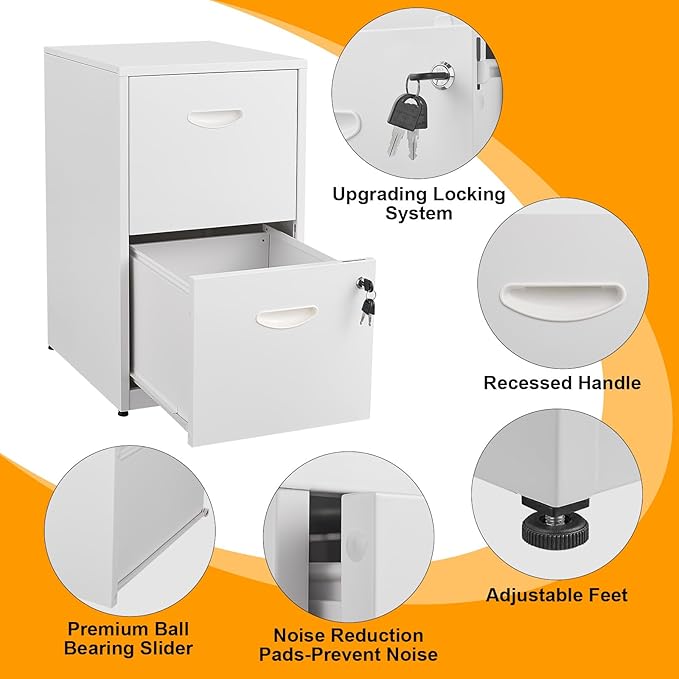 2 Drawer File Cabinet with Lock, Metal Two Drawer Vertical Filing Cabinets, 18" Deep White Filing Cabinet for Home Office, Steel Light Duty Storage for Letter-Size Files - Assemly Required