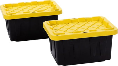 Plastic 5-Gallon Storage Tote with Lockable Lid, Stackable Tough Regular-Duty Bin for Garage, Tools, and Home Organization (2-Pack) - Black and Yellow