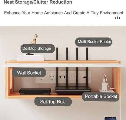 Wall Mount WiFi Router Box, WiFi Router Storage Cabinet, Power Strip and Cable Management Hider Rack, Invisible Storage, for Living Room, Office, Bedroom(Brown)