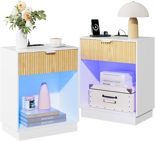 Fluted Nightstands Set of 2 with Charging Station & Built-in LED Lights, Bedside Tables with Wave Pattern Drawer & Open Shelf, Safe for Kids, Bedroom Storage