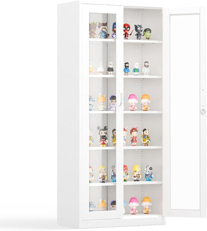 VINGLI Lockable Display Cabinet with Glass Doors & 5 Adjustable Shelves, 71" Tall White Metal Storage Cabinet Curio Liquor, Bookshelf Bookcase for Home Office Living Room Pantry Garage