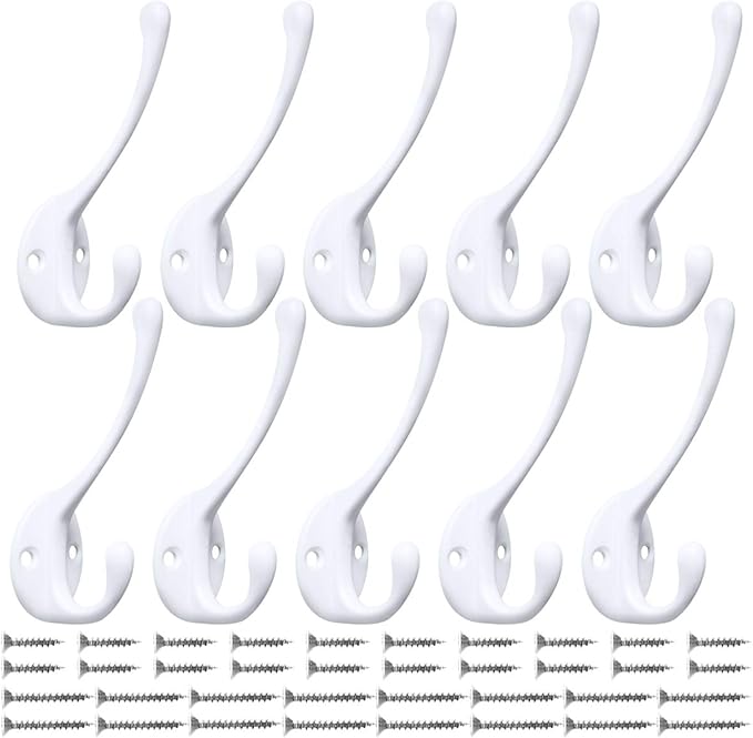 10 Pack Heavy Duty Dual Coat Hooks Wall Mounted with 20 Screws Retro Double Hooks Utility Black Hooks for Coat, Scarf, Bag, Towel, Key, Cap, Cup, Hat (White)