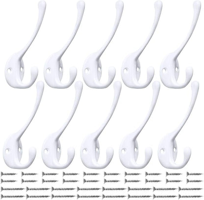 10 Pack Heavy Duty Dual Coat Hooks Wall Mounted with 20 Screws Retro Double Hooks Utility Black Hooks for Coat, Scarf, Bag, Towel, Key, Cap, Cup, Hat (White)