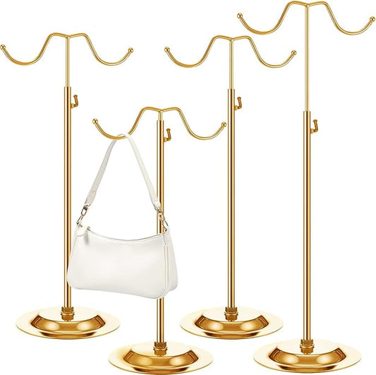 4 Pcs Purse Display Stand Adjustable Height Handbag Display Stand Metal Handbag Stand Holder Double Hook Purse Holder Stand for Home Store Boutique Counter, Gold
