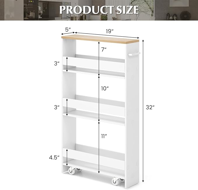 LOKO Slim Storage Cart, 4-Tier Rolling Cart with Handle & Wooden Top for Kitchen Bathroom Laundry Living Room Narrow Small Spaces, 5 Inches Width (White & Natural)
