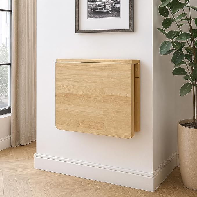 MM MELISEN Wall Mount Folding Table - 37x22 Inch, Walnut Versatile Table for Kitchen prep or Craft Studio. Solid Wood Surface Folds Flat. Perfect for Meal prep and Creative Projects
