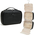 EACHY Toiletry Bag with Hanging Hook, Travel Makeup Bag PU Leather Cosmetic Bags for Women Make Up Organizer with 4 Compartments Waterproof Full-Size Portable Travel Essentials (Black，Pro)