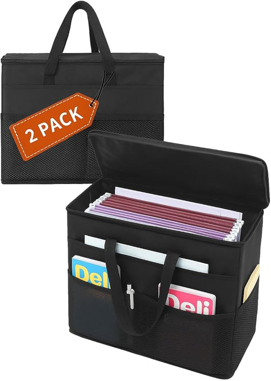 Qozary 2 Pack File Folder Organizer Box-Hanging File Tote Bag With Lids, Collapsible Portable Filing Organizer Box With Handle, Document Storage Bag For Office,Home,Travel, School