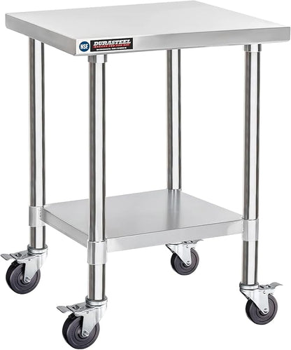 DuraSteel 30x18 NSF Stainless Steel Cart Work Table - Heavy Duty Rolling Food Prep Table - Metal Utility Cart on Wheels Caster, Grill Stand Microwave Outdoor Kitchen Tables Countertop Island Large Top