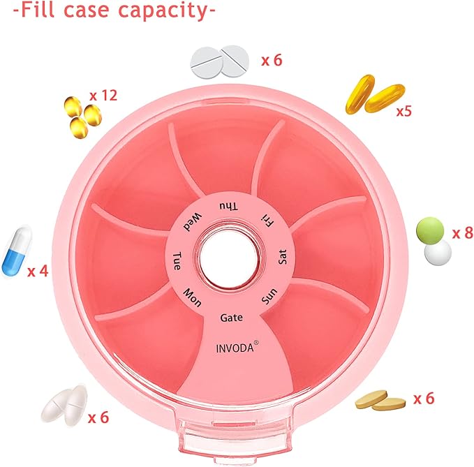 INVODA Weekly Pill Organizer 7 Compartment Rotating Pill Box for Daily Medication & Vitamins - Portable Travel Pill Case Fish Oil Supplements Vitamins Organizer (4 Pill Box+ 4 Bag)
