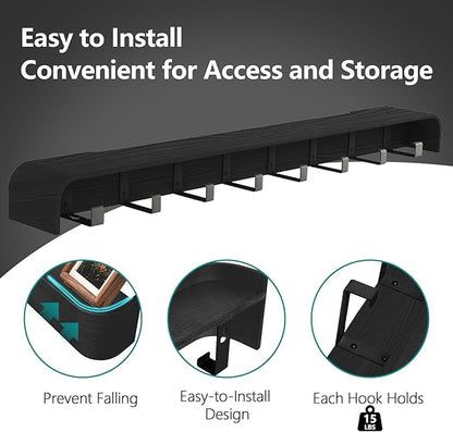 Coat Rack Wall Mount with Hidden Hooks Modern Key Holder Wood Entryway Hook with Shelf for Bedroom Kitchen Hallway Bathroom Designed for Hanging Coats Hats Bags Towels Dog Leashe(Black,8 Hooks)