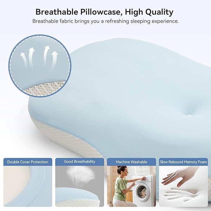 Cervical Neck Pillow - Ergonomic Memory Foam Pillow for Side, Back & Stomach Sleepers, Orthopedic Contour Pillow with Dual Height & Breathable Pillowcase(Grey)